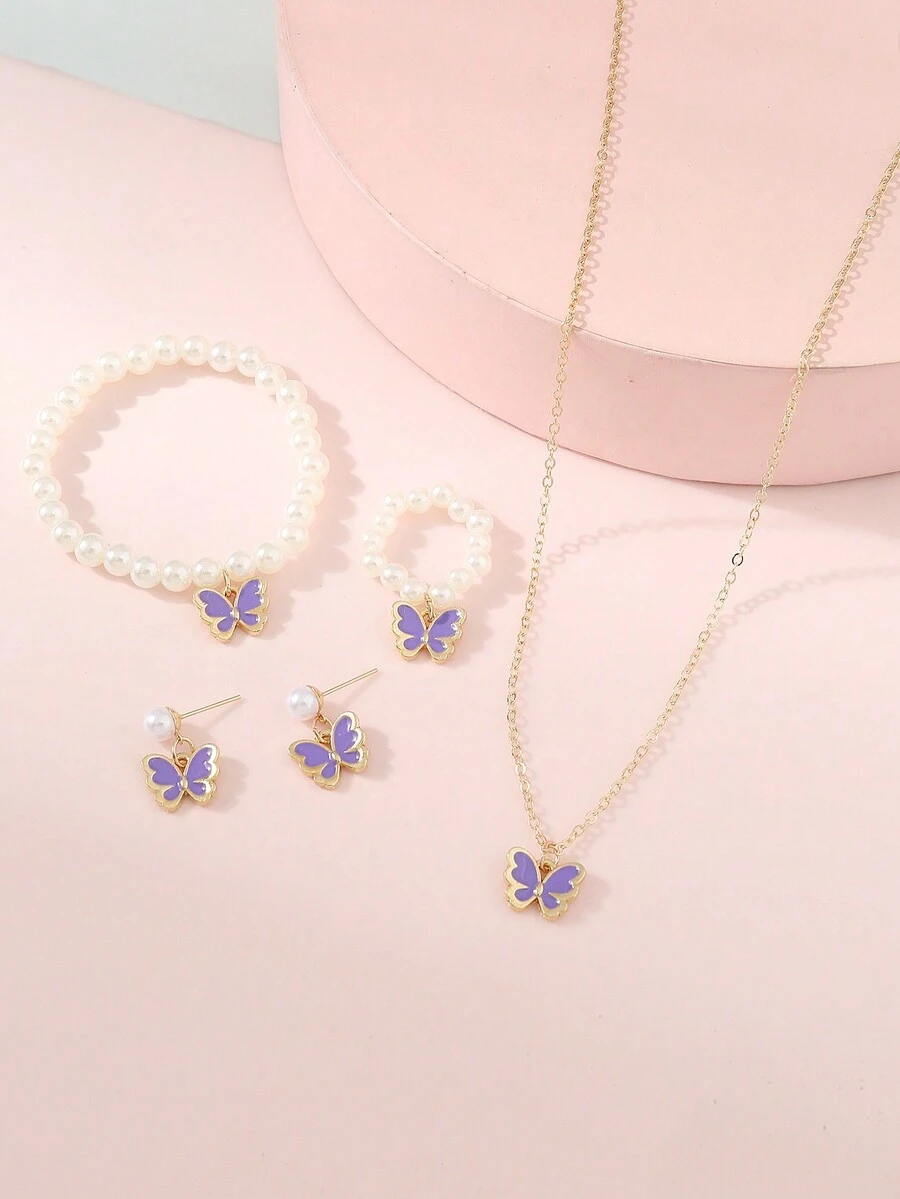 5pcs/Set Children's Oil Drop Butterfly Pearl Beaded Necklace, Bracelet, Ring, Earrings Jewelry Set - Purple - View 1