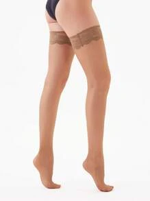 1 par de calcetines por encima de la rodilla de 20D con encaje y silicona antideslizante para mujer, sexy y de moda - Albaricoque - Ver 2
