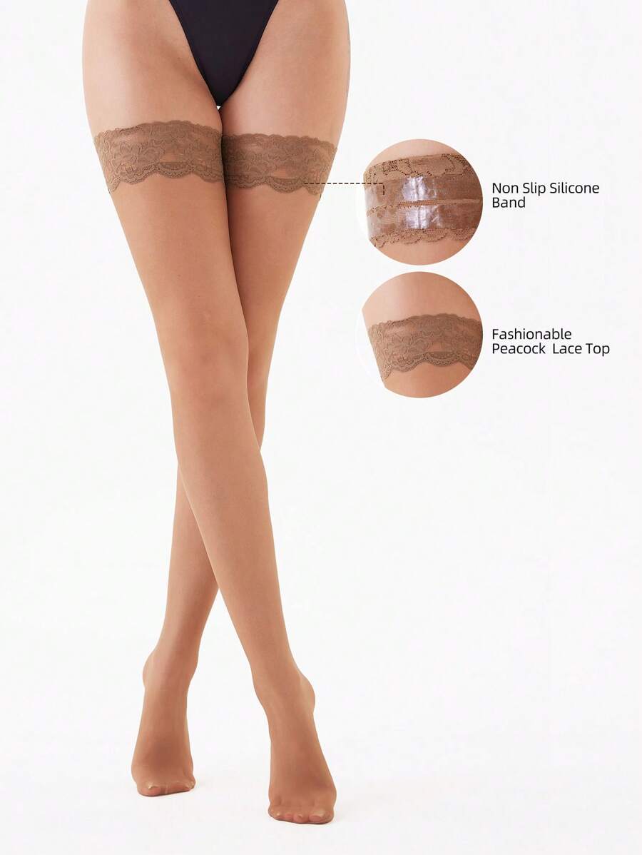 1 par de calcetines por encima de la rodilla de 20D con encaje y silicona antideslizante para mujer, sexy y de moda - Albaricoque - Ver 1