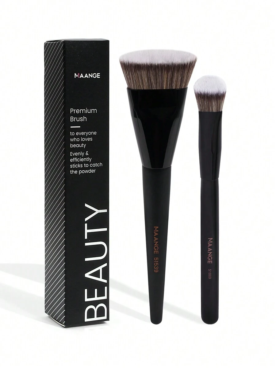 MAANGE 2pcs Soft Makeup Brush Set, Protable Smudge Cosmetic Brush Makeup Brush With Foundation Brush Blush Brush Loose Powder Brush Eye Shadow Brush Contour Brush Highlighter Brush Makeup Tools Gift For Women & Girl Travel Makeup Brush - 黑色 - 查看 1