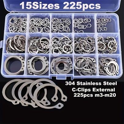Bộ 225 Vòng Cố Định Bên Ngoài Kẹp Loại C, 15 Kích Cỡ Vòng Giữ Bằng Thép Không Gỉ 304 Cho Trục, Bộ Các Loại M3-M20
