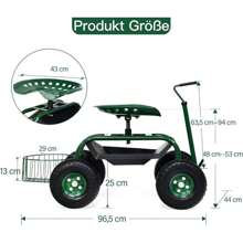 Garden Cart, 360° Rotating Garden Seat With Extendable Handle, Garden Stool With Shelf & Basket, Seat Height Adjustable, Load Capacity Up To 150 Kg, Rolling Seat For Gardening (96.5 X 47.5 X 47-55 Cm) - Green - View 5