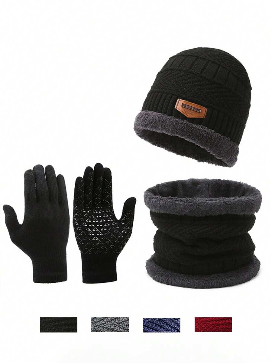 1 件/3 件套针织帽子围巾手套冬季保暖套装男女款黑色适合日常穿着、户外骑行、冬季保暖礼物 - 三角標條紋針織帽 - 查看 1