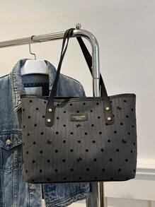 1 pezzo Borsa a tracolla nera in nylon con zip, stampa a fiocco, grande capacità, versatile, con rivetti, borsa tote alla moda con zip, borsa tote alla moda per signora