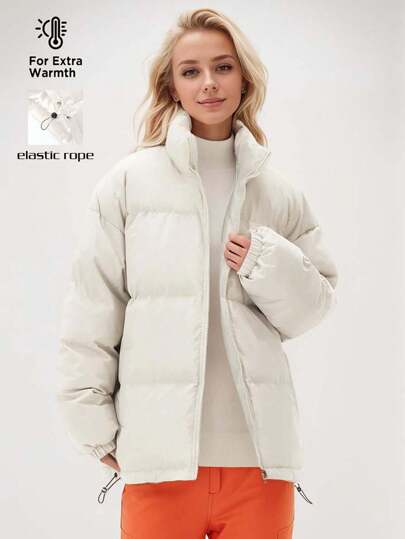 女式冬季长袖拉链羽绒夹克立领宽松短款羽绒服带口袋