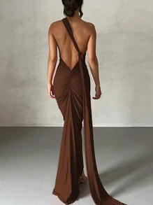 Vestido elegante de unicolor de un solo hombro con espalda descubierta y cola de pez, verano - Marrón - Ver 2