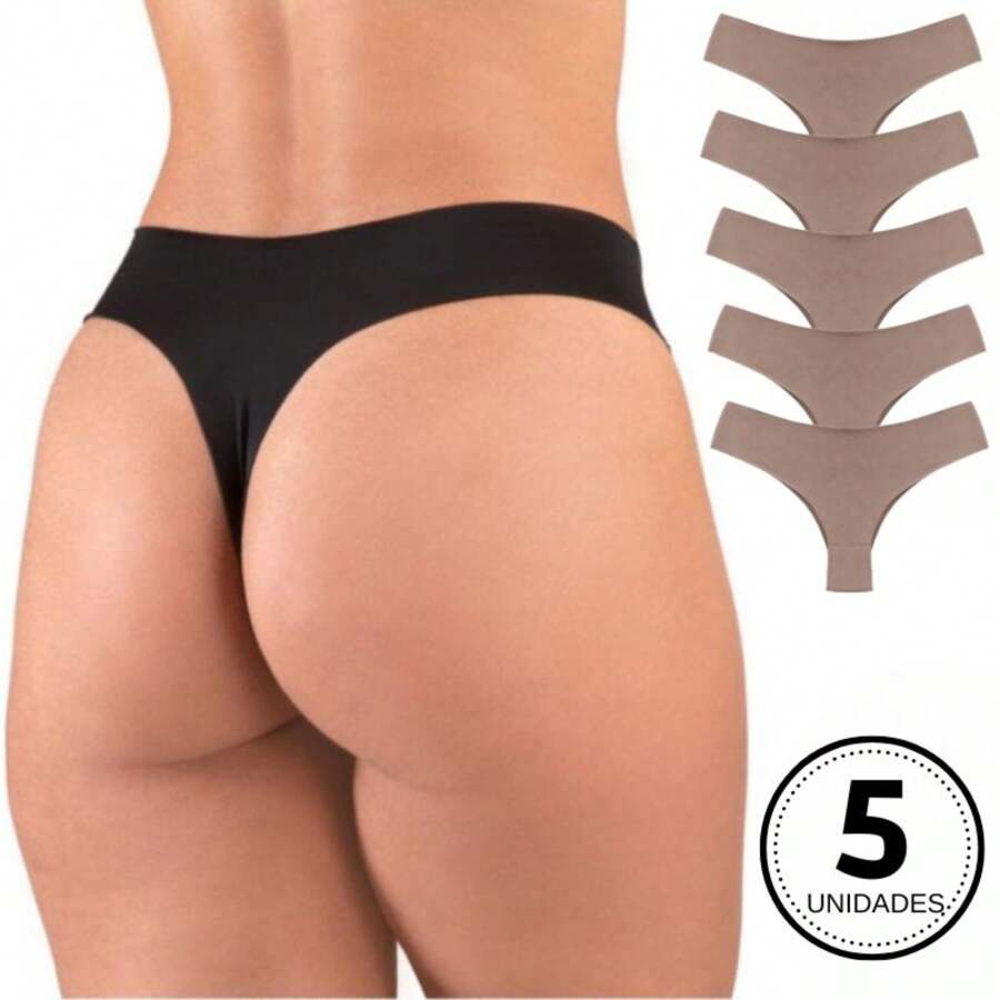 Kit 5 Laser Cut Seamless Comfort Thong Panties - 米色 - 查看 1