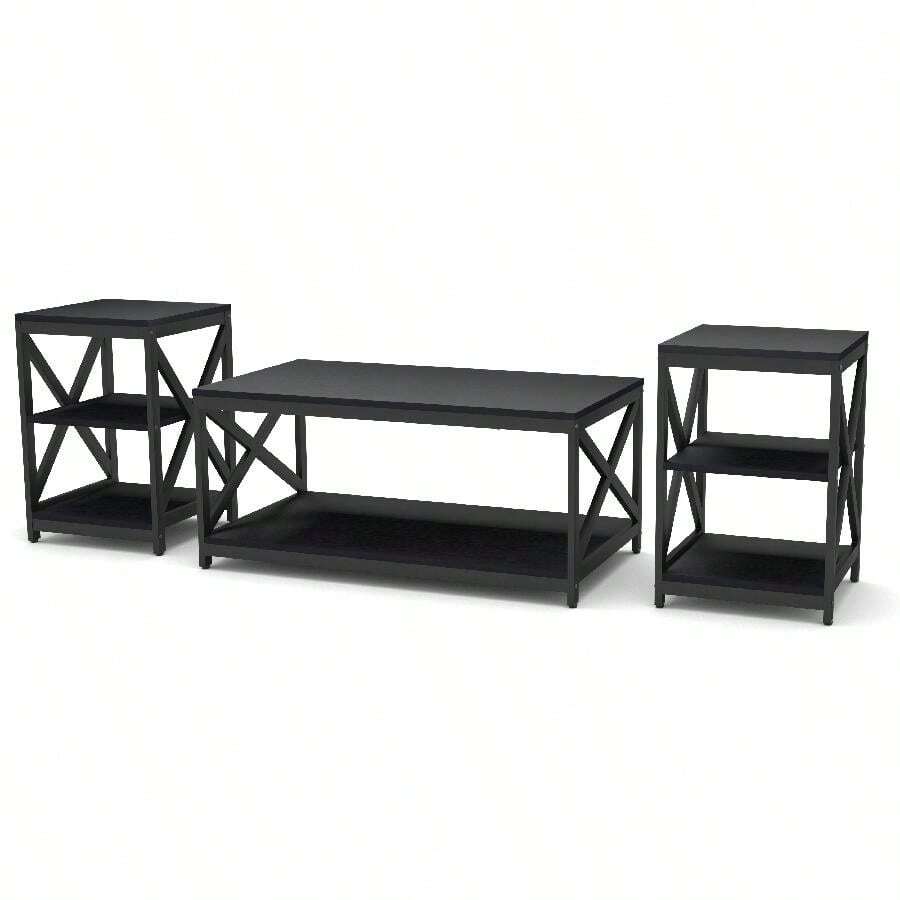 Living Room Coffee Table Set Of 3, Industrial X-Design Coffee Table And 2 End Side Tables, 3 Piece Living Room Table Set With Large Storage For Apartment Home, Black - Black - View 1