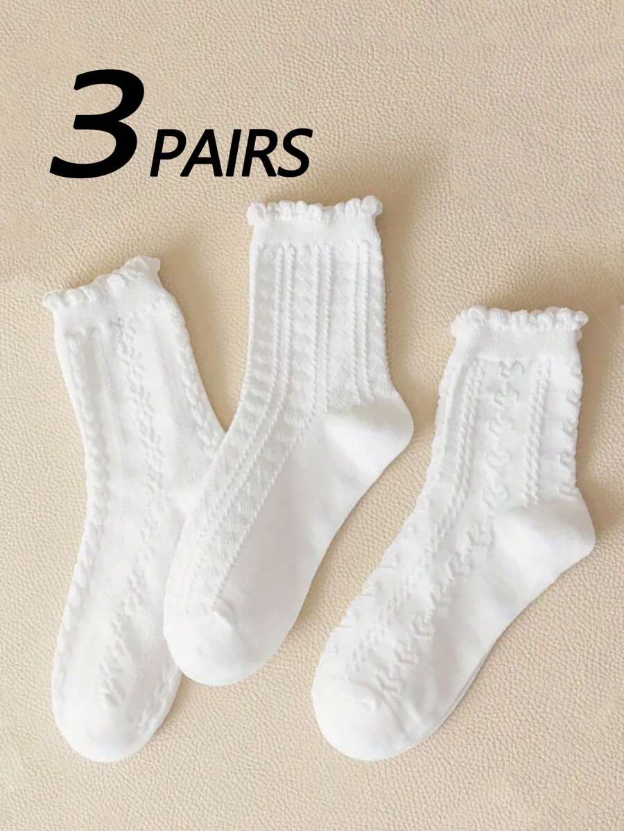 3 Pairs Women's Solid Color, Ruffle Trim, Cable Knit Print Crew Socks, Fashionable, Soft And Comfortable, Suitable For Back To School, Fall - White - View 1
