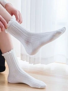 3 Pairs Women's Solid Color, Ruffle Trim, Cable Knit Print Crew Socks, Fashionable, Soft And Comfortable, Suitable For Back To School, Fall - White - View 3