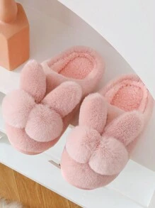 时尚兔耳朵装饰防滑保暖毛绒学生拖鞋，儿童/青少年拖鞋