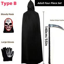 万圣节成人黑色斗篷、骷髅手套、面具、派对表演斗篷服装套装 - 彩色 - 查看 3