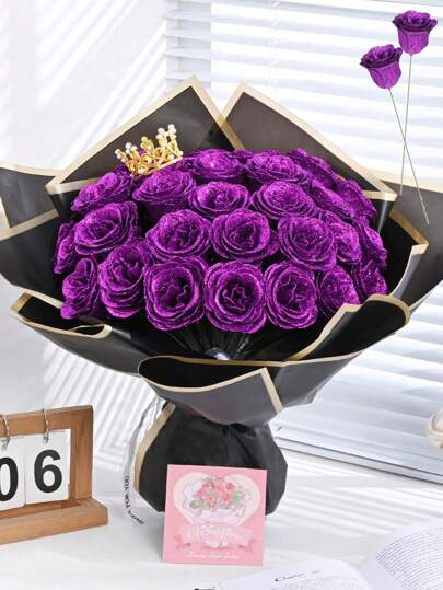Buquê de 12 rosas com glitter de 7 cm (2,76"), buquê de flores artificiais com glitter para montar você mesmo, flor artificial roxa escura, rosa artificial, buquê de rosas artificiais brilhantes e duradouras para aniversário, noivado, presente de casamento, decoração de casa, decoração de escritório e cozinha, decoração de festa, decoração de quarto, decoração de Dia dos Namorados, decoração de Dia das Mães e decoração de Natal.