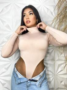 Cavado Leotard Body Long Sleeve High Neck Delta Wing Gringa Fashion - 杏色 - 查看 2