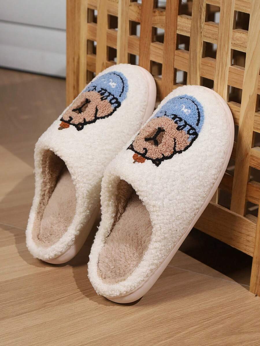 Women's Guinea Pig Capybara Cartoon Embroidery Slippers, Woolen Indoor Bedroom Flat Bottom Thick Bottom Comfortable Slippers For Spring And Autumn