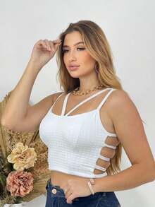 Women's Cropped Top 2227 TIGHT With Cup And OPENING ON THE SIDES And WIDE STRAPS - One Size - SUMMER 2025 Trend, Fashion, Blogger, Comfortable, Beautiful, Delicate, Casual And Modern - trắng - Xem 3