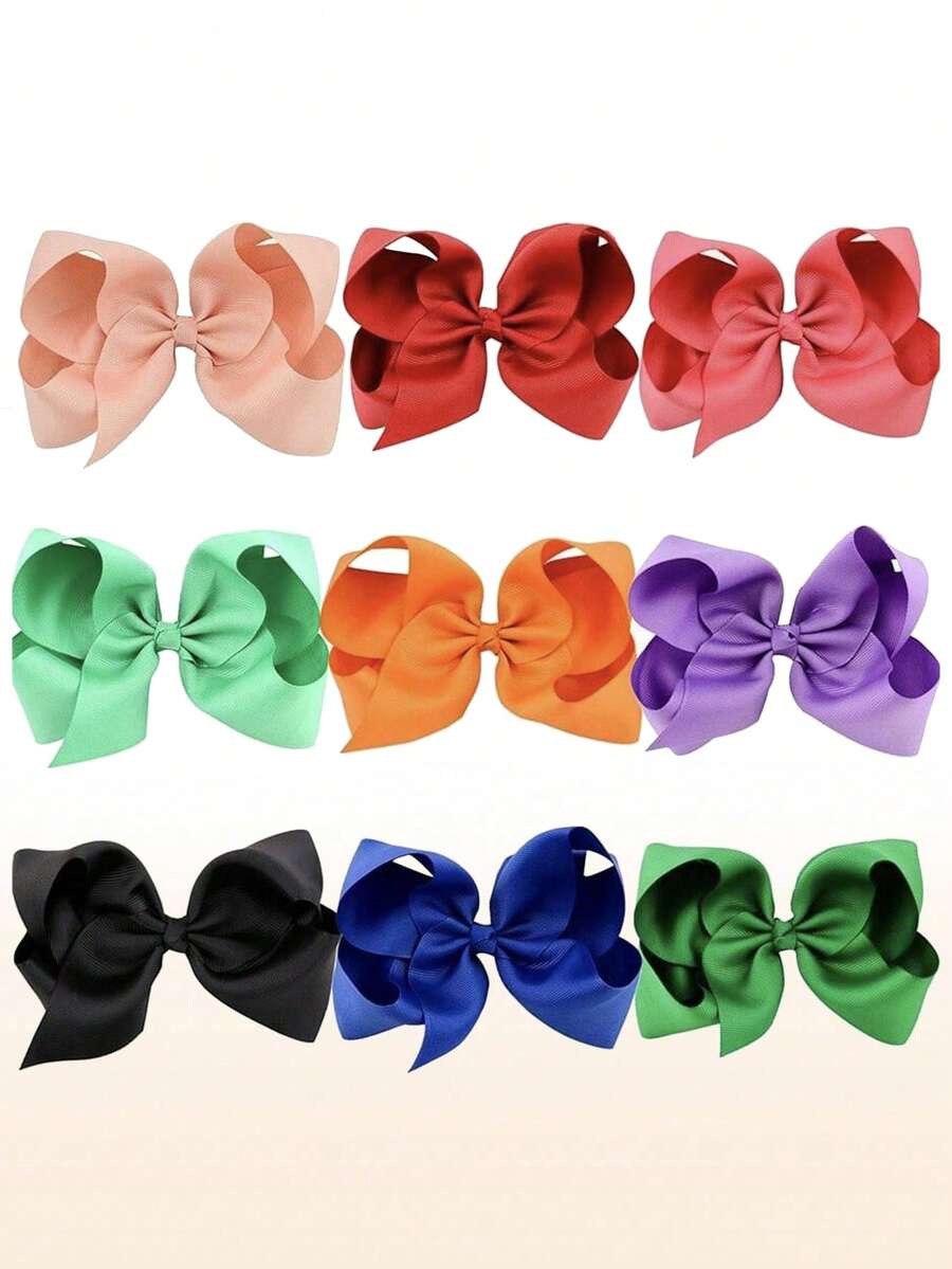 9pcs/Set 6-Inch Big Bowknot Hair Clips, Girls Satin Ribbon Hair Accessories - Multicolor - View 1