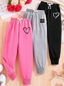 3 piezas/Set Pantalones deportivos con estampado de corazón para niñas preadolescentes - Multicolor - Ver 1