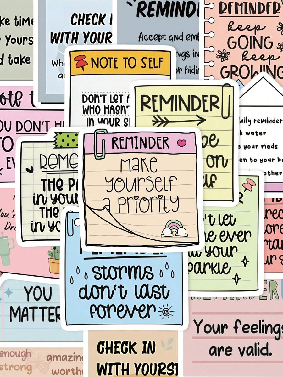 50pcs English Text Reminder Stickers Waterproof For Phone Case, Luggage, Laptop Decor Back To School - Multicolor - View 1