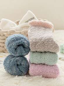 6 双装 女士珊瑚绒拼接彩色加厚中筒袜 冬季保暖毛绒柔软居家室内地板睡眠袜