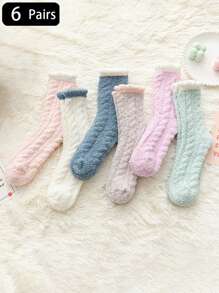 6 双装 女士珊瑚绒拼接彩色加厚中筒袜 冬季保暖毛绒柔软居家室内地板睡眠袜