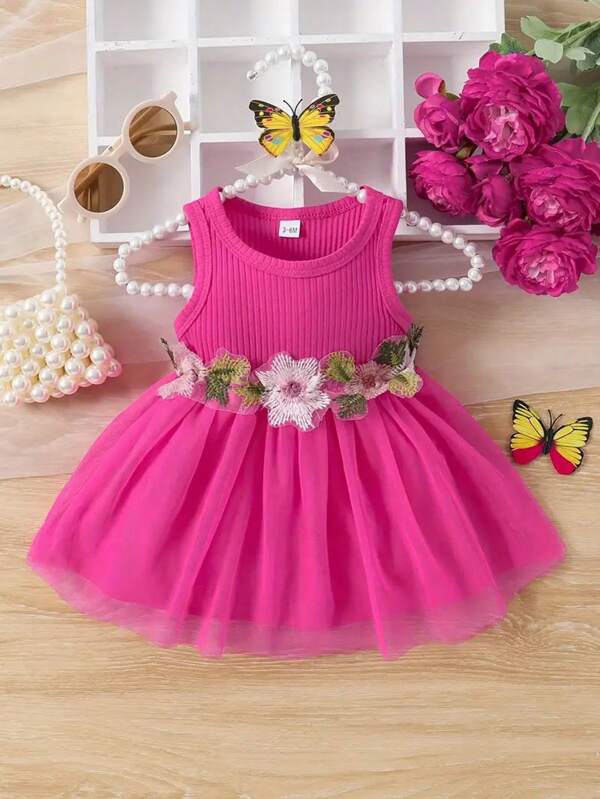 Baby Girl Flower Design Contrast Mesh Elegant Cute Sleeveless A-Line Dress, Summer