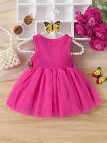 Baby Girl Flower Design Contrast Mesh Elegant Cute Sleeveless A-Line Dress, Summer - Hot Pink - View 2