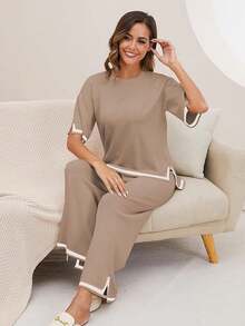 Conjuntos de dos piezas para mujer, que incluyen una blusa de manga corta y pantalones casuales de pierna ancha; conjuntos de dos piezas de pantalones deportivos de manga corta de color sólido, que incluyen una camiseta y pantalones de manga larga; conjuntos de camiseta y pantalones con dobladillo acanalado para mujer, adecuados para diversas ocasiones. - Caqui - Ver 5