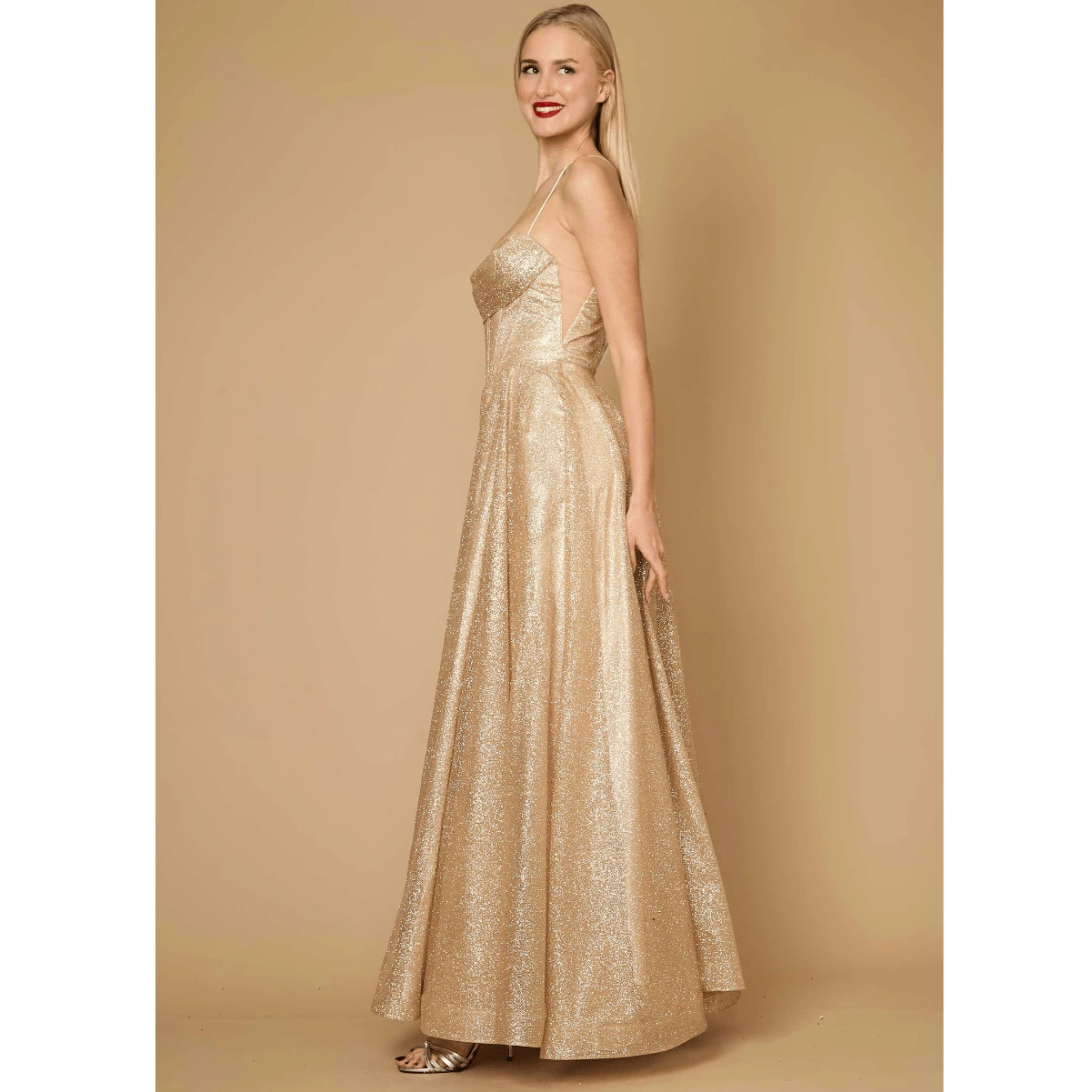 Long Sparkling Cowl Corset Prom Dress Gold - Gold - View 1