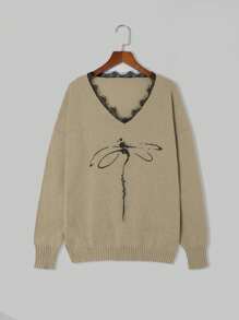 Autumn/Winter New Casual Long Sleeve V-Neck Dragonfly Print Knit Sweater - Multicolor - View 4