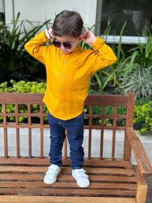 Conjunto Social Com Camisa De Linho Menino Estiloso Confortável - Amarelo mostarda - Visão 4
