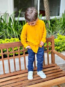 Conjunto Social Com Camisa De Linho Menino Estiloso Confortável - Amarelo mostarda - Visão 2