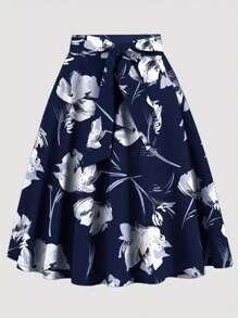 女士宝石装饰玫瑰纯色高腰中长裙，优雅