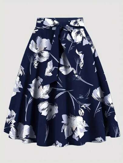 Jupe midi à taille haute unie avec ornements de pierres précieuses en forme de rose, élégante