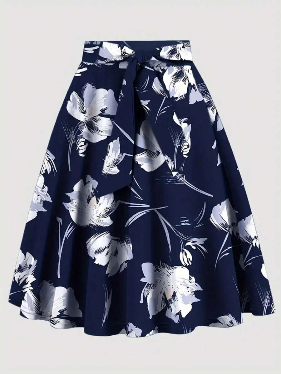 女士宝石装饰玫瑰纯色高腰中长裙，优雅