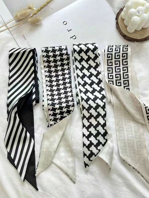4pcs/Set Women's Black Silk Scarves & Neck Scarves & Hairbands, Suitable For Daily Hair Accessories, Wrapping Bags, Gifts, And Dressing Up, Bandana Headband Turban Headband Sweatband