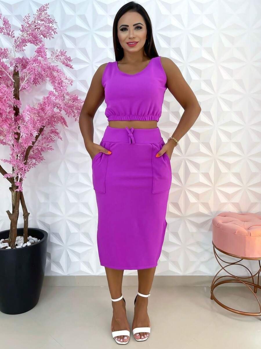 Women's Set Midi Skirt And Cropped Moda Evangelica - Rose Red - View 1