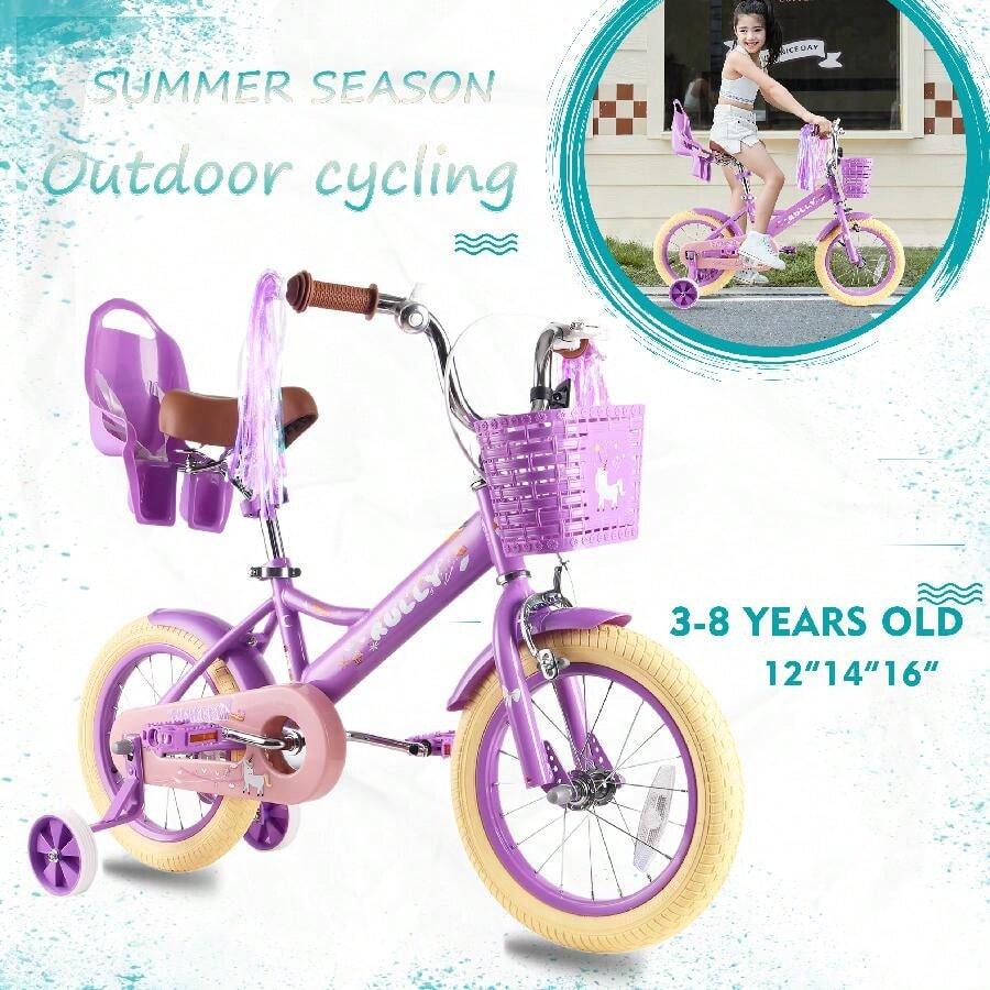 Rully Girls Bike For 2-7 Years Children, Retro Kids Bike With Training Wheels | Bell | Doll Seat | Basket (12"/14"/16") - 紫色 - 查看 1