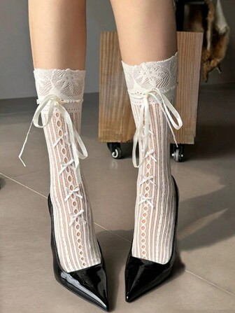 2 Pairs Lolita Style Lace Trim Knee High Socks With Bow For Women, Spring Summer Leg Warmers For Matching Maryjane Shoes And Loafers, Fall