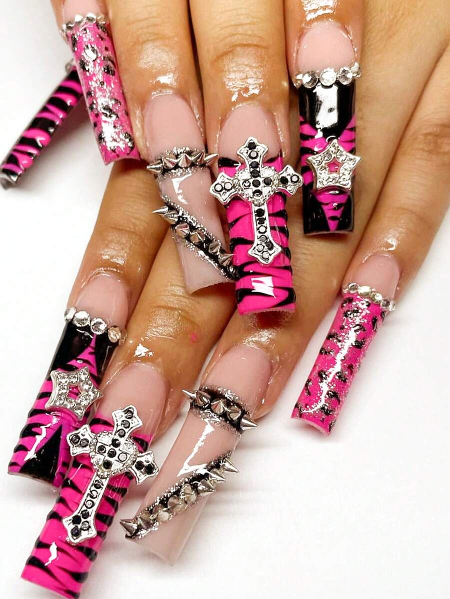 24pcs Y2K Gothic Square Press-On Nails, Pink French Striped Fake Nails With 3D Metal Cross, Studs And Rhinestone Design, Shiny Full Coverage Nail Tips For Women And Girls
