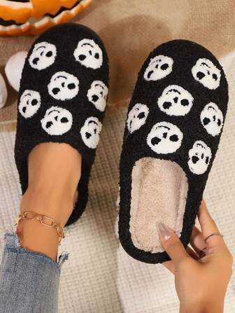 Pantuflas de felpa con diseño de calavera y calabaza, pantuflas de casa con puntera cerrada cálidas para parejas, invierno