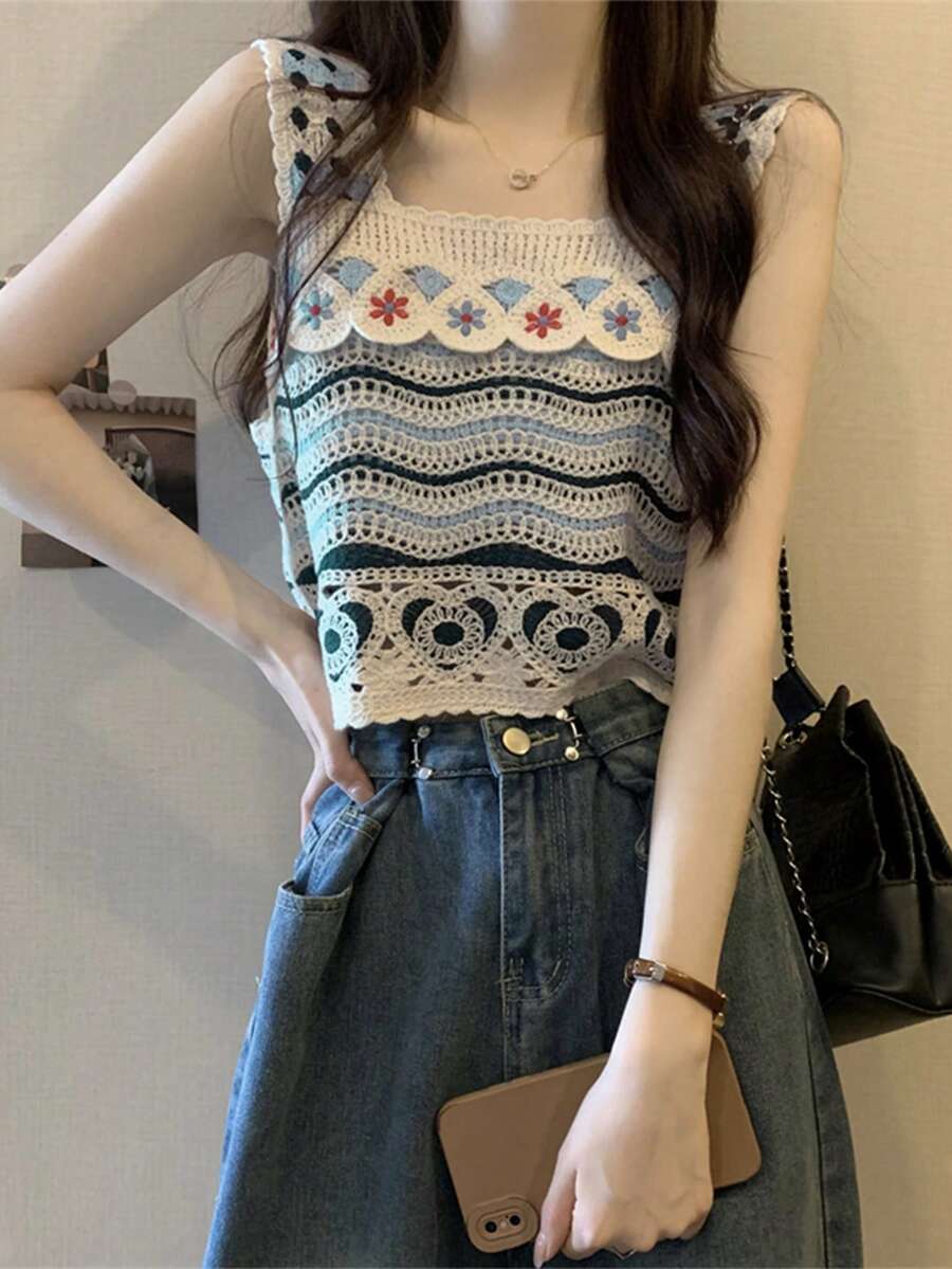 女士花卉图案吊带针织上衣 - 藍色 - 查看 1