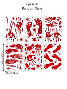 6pcs/Set Random Style Halloween Decoration Blood Hand & Footprint Window Sticker, Glass & Wall Decal,Christmas - Red - View 3