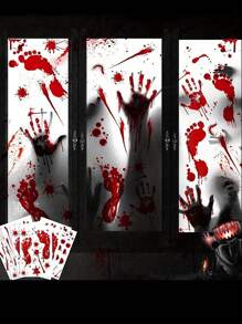 6pcs/Set Random Style Halloween Decoration Blood Hand & Footprint Window Sticker, Glass & Wall Decal,Christmas - Red - View 5