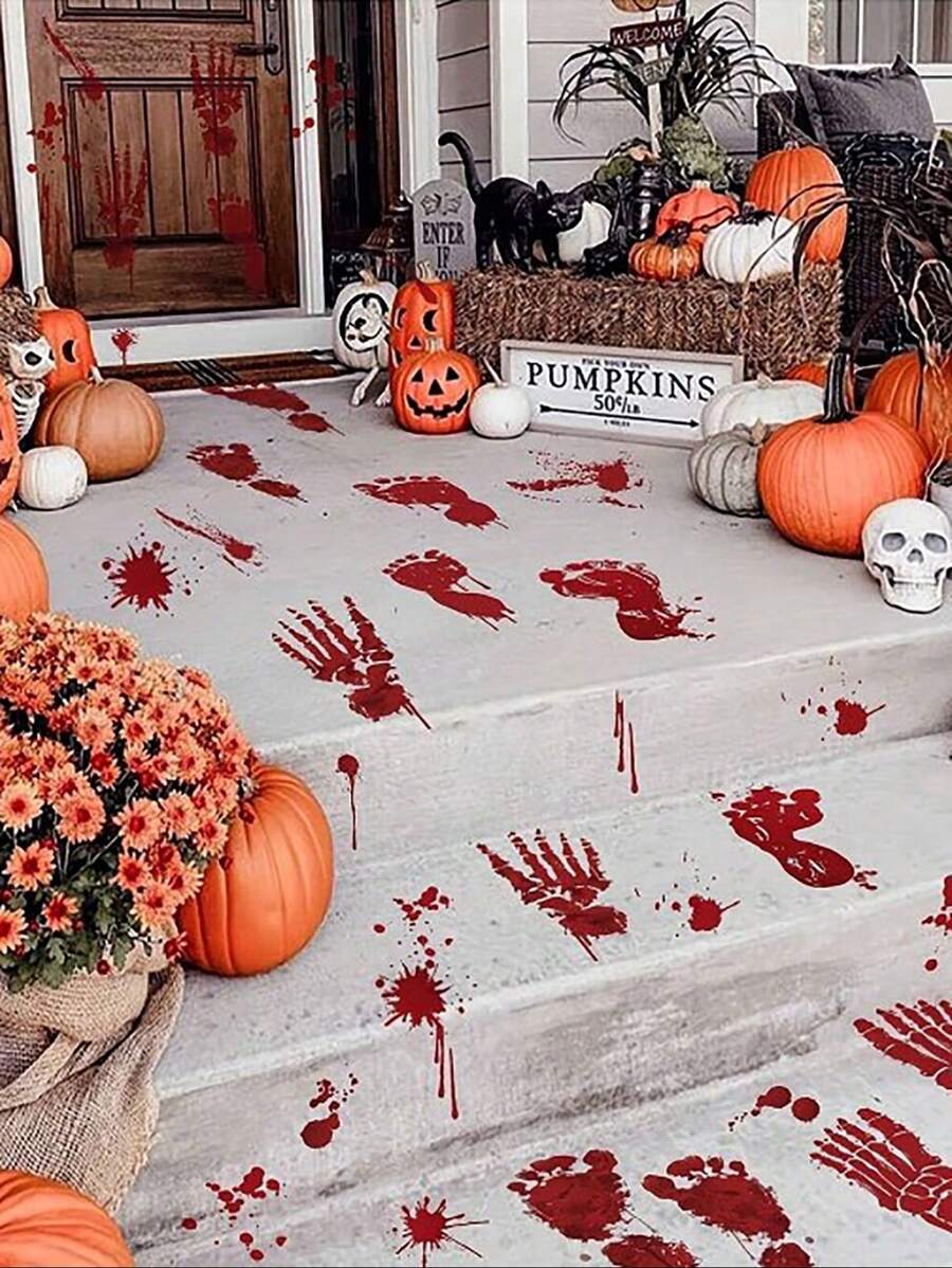 6pcs/Set Random Style Halloween Decoration Blood Hand & Footprint Window Sticker, Glass & Wall Decal,Christmas - Red - View 1