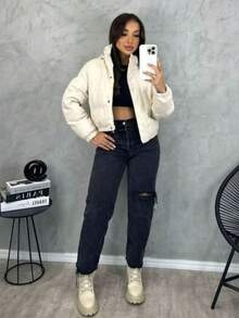 Women's Fashion Blogger Zipper Puffer Leather Jacket Thick And Lined - White - View 5