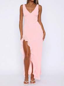 WOWDARK 夏季纯色连衣裙，时尚性感V领荷叶边开衩派对连衣裙，优雅女士长裙，适合情人节、约会、聚会、派对、旅行、度假、海滩等场合。 - 粉色 - 查看 8