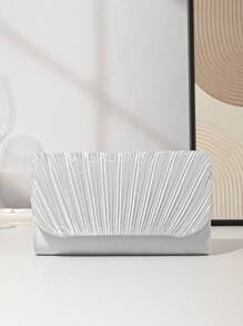 女士简约经典褶皱设计缎面手拿包、优雅派对钱包、浪漫婚礼晚会信封翻盖单肩包，适合正式鸡尾酒会舞会 - 銀色 - 查看 2