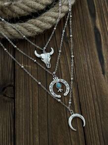 3pcs Turquoise Western Cowgirl Style Retro Bull Head Horseshoe Floral Pattern Cactus Minimalist Chain Necklace Set (Bead Chains Cut To Length, Not By Bead Count)