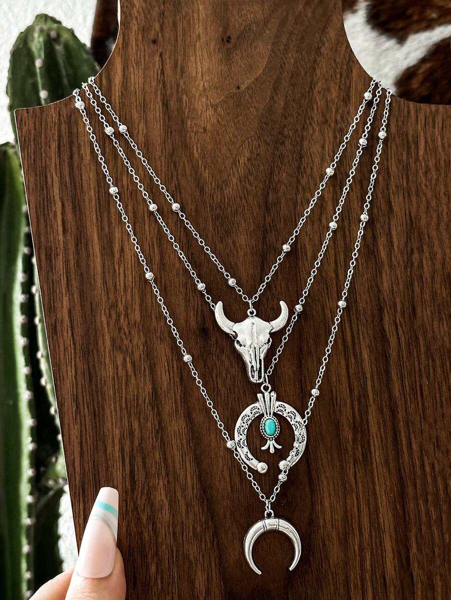 3pcs Turquoise Western Cowgirl Style Retro Bull Head Horseshoe Floral Pattern Cactus Minimalist Chain Necklace Set (Bead Chains Cut To Length, Not By Bead Count)